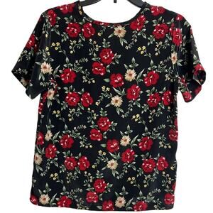 Vintage Bentley Black Floral Polyester Career Short Sleeve Blouse Womens Size Sm